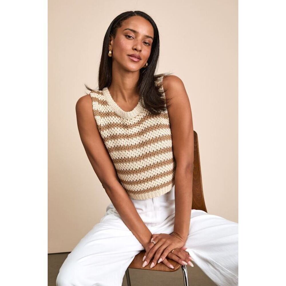 Lulus Marielle Beige And Brown Striped Crop Sweater Tank Top - Size S